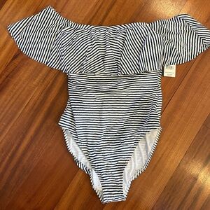 NWT Ralph Lauren Striped Off-Shoulder One Piece Swimsuit Size 8